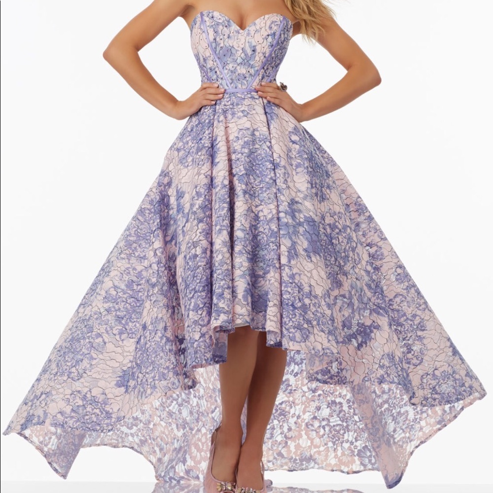 Mori Lee Prom 99027 Floral Lace Gown Hi-Low Corset